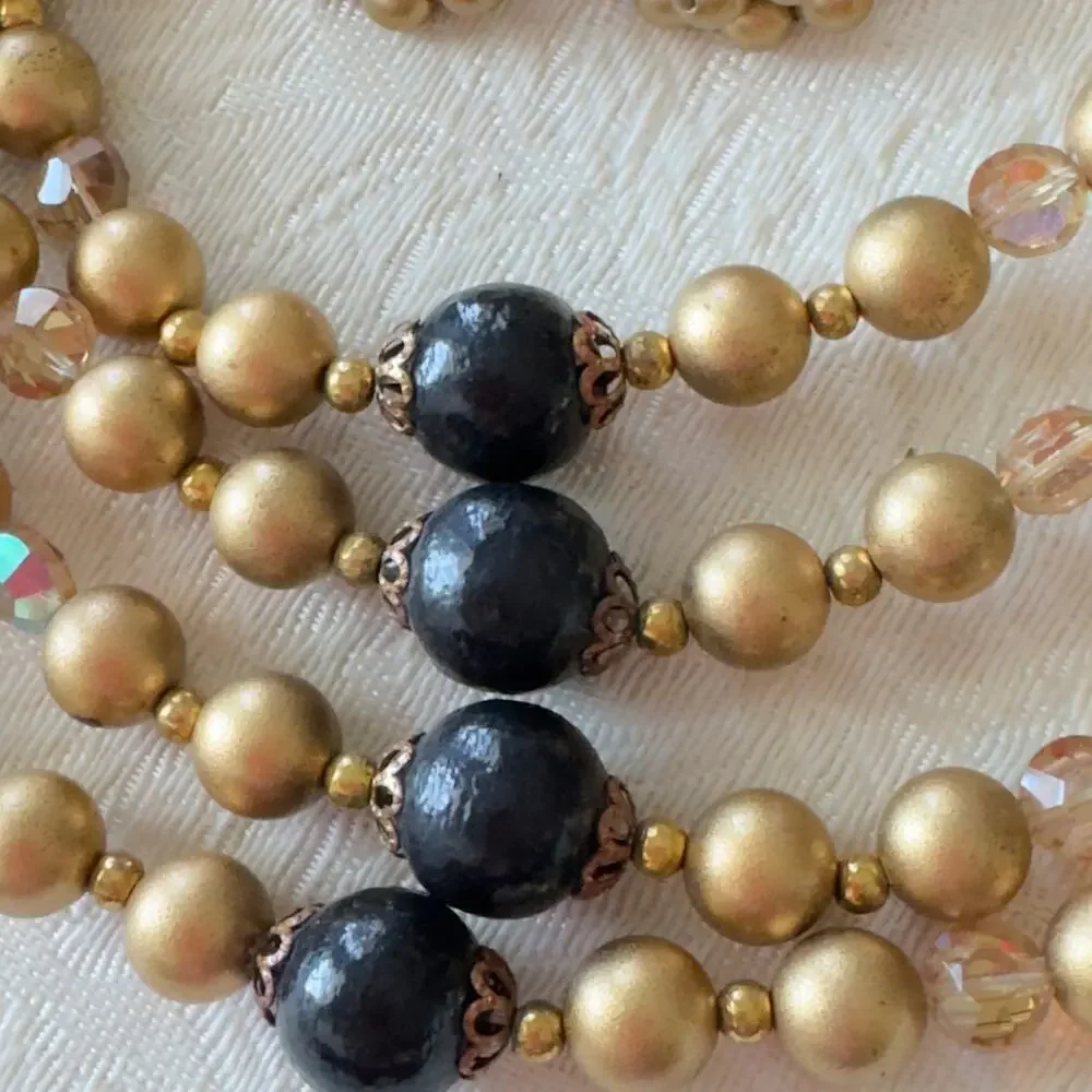 Vintage Earring & Multi Strand Necklace Set Gold & Black Beaded 1950s Japan